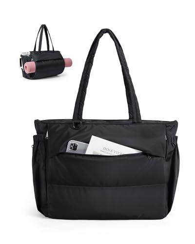 BAGSMART Tote Bag for Women, 22L Puffer Gym Bag for 40oz Tumbler, Work Tote Handbag for Travel Yoga College, Black