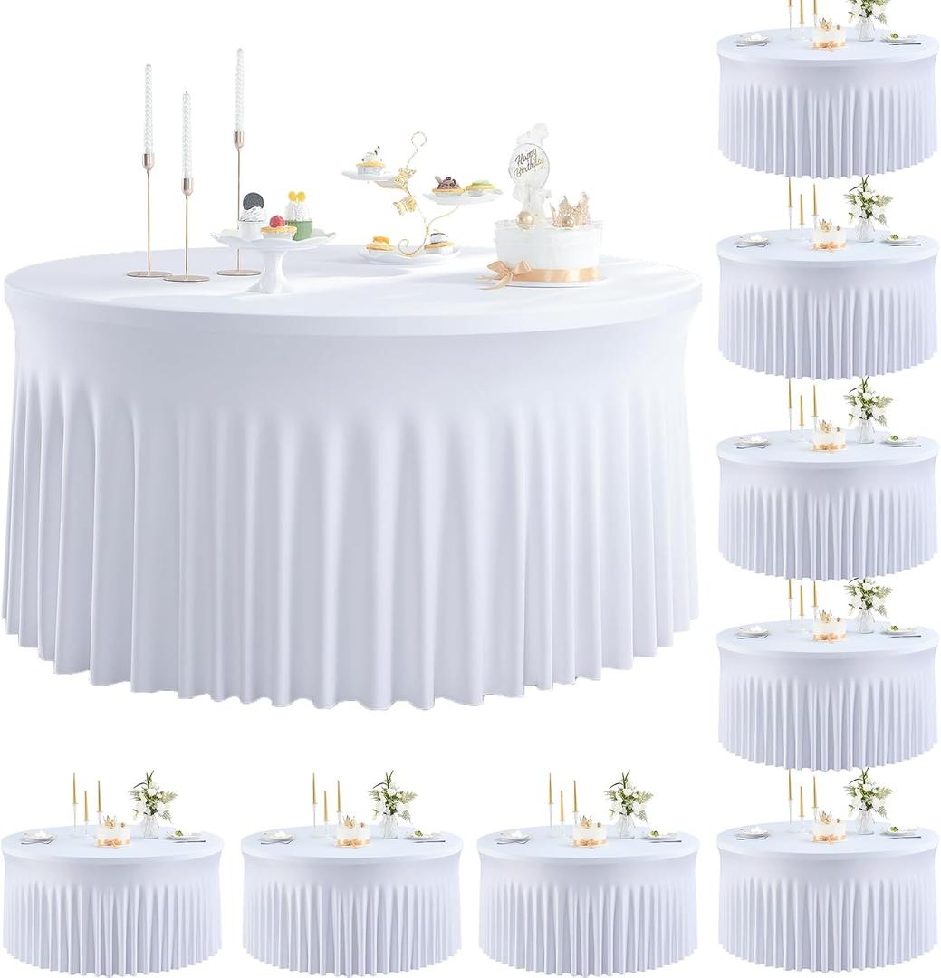 8 Pack Spandex Table Cloth for 60-Inch Round Table, White 120-Inch Stretchy Fitted 5FT Table Cloths With Skirt for Wedding Birthday Banquet