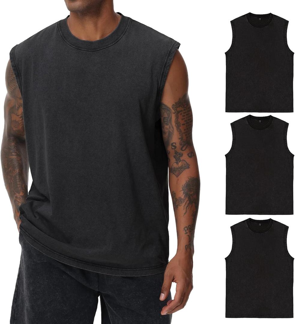 Mens Cotton Sleeveless Tank Tops Cut Off Muscle Gym T Shirts Running Beach Loose Fit Tees (X-Large, Black/Black/Black)
