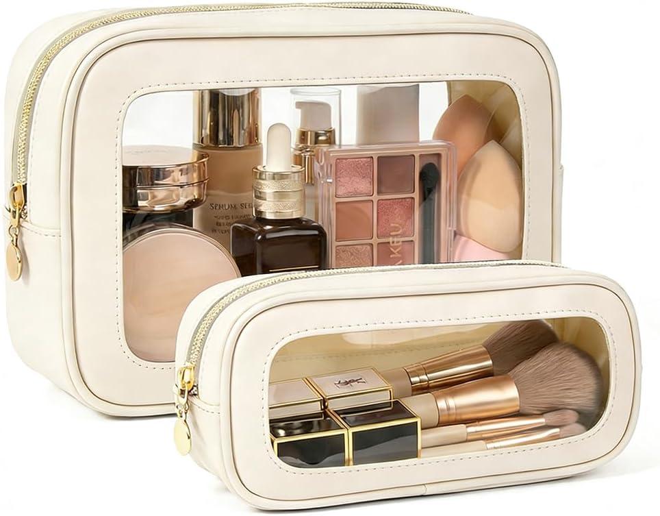 2Pcs Clear Makeup Bags Set, Clear Travel Makeup Brush Holder Leather Makeup Case Toiletry Bag with Zipper Portable Cosmetic Pouch Waterproof Makeup Brush Storage Bag Car Bag for Essentials (White Set)