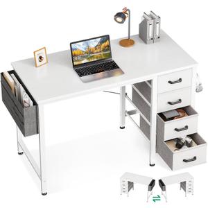 Casaottima 32-Inch Small Computer Desk with 4 Fabric Drawers, Storage, Side Hook and Cloth Bag, Kids Desk Study/Work Table for Bedroom and Small Space, White