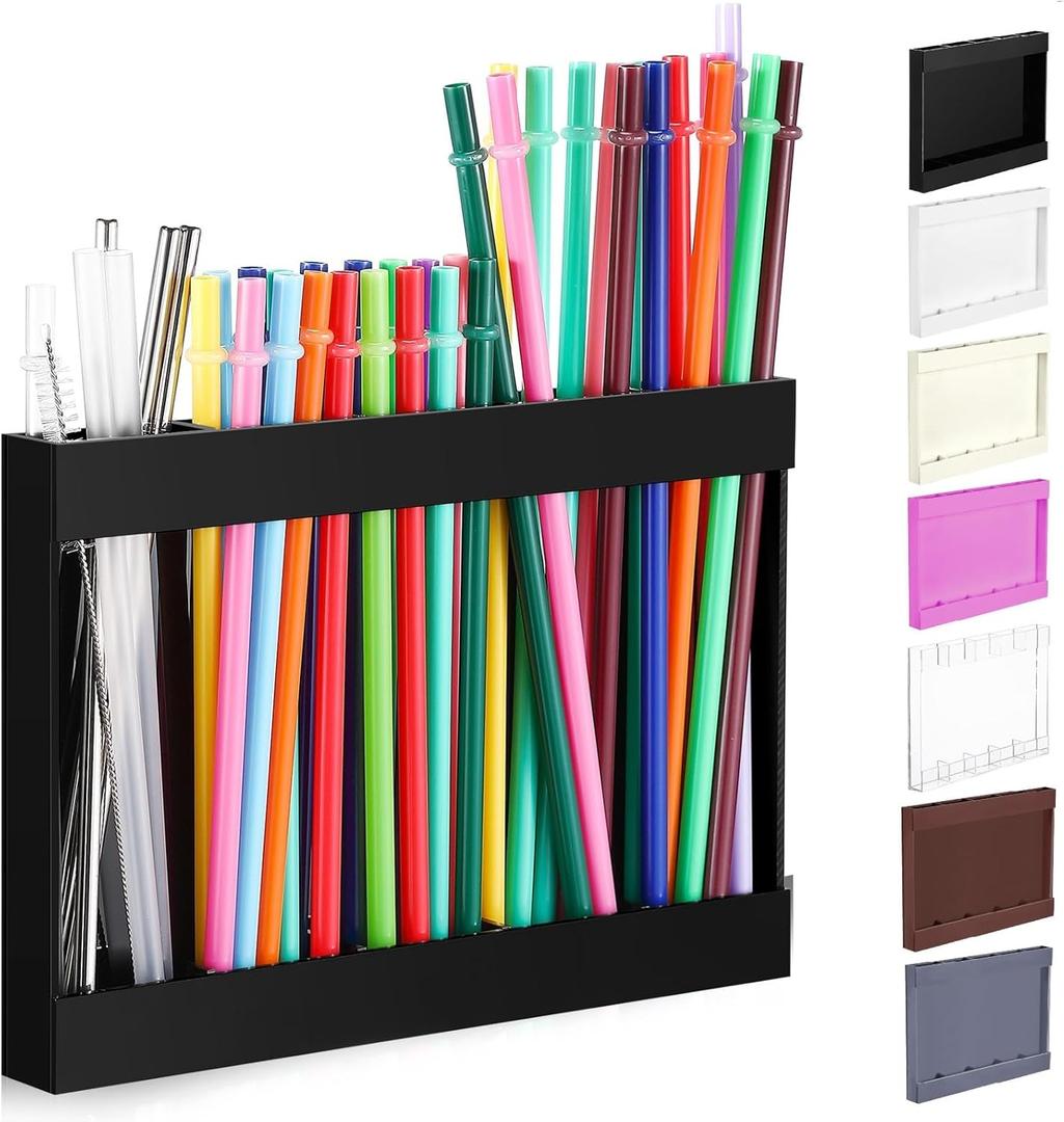 Qinyoung Acrylic Straw Holder for Cabinet Door with Double Sided Adhesive Tape Reusable Straw Organizer Tumbler Storage Kitchen Accessories Container for Counter Cupboard (Classic,Large,Black)
