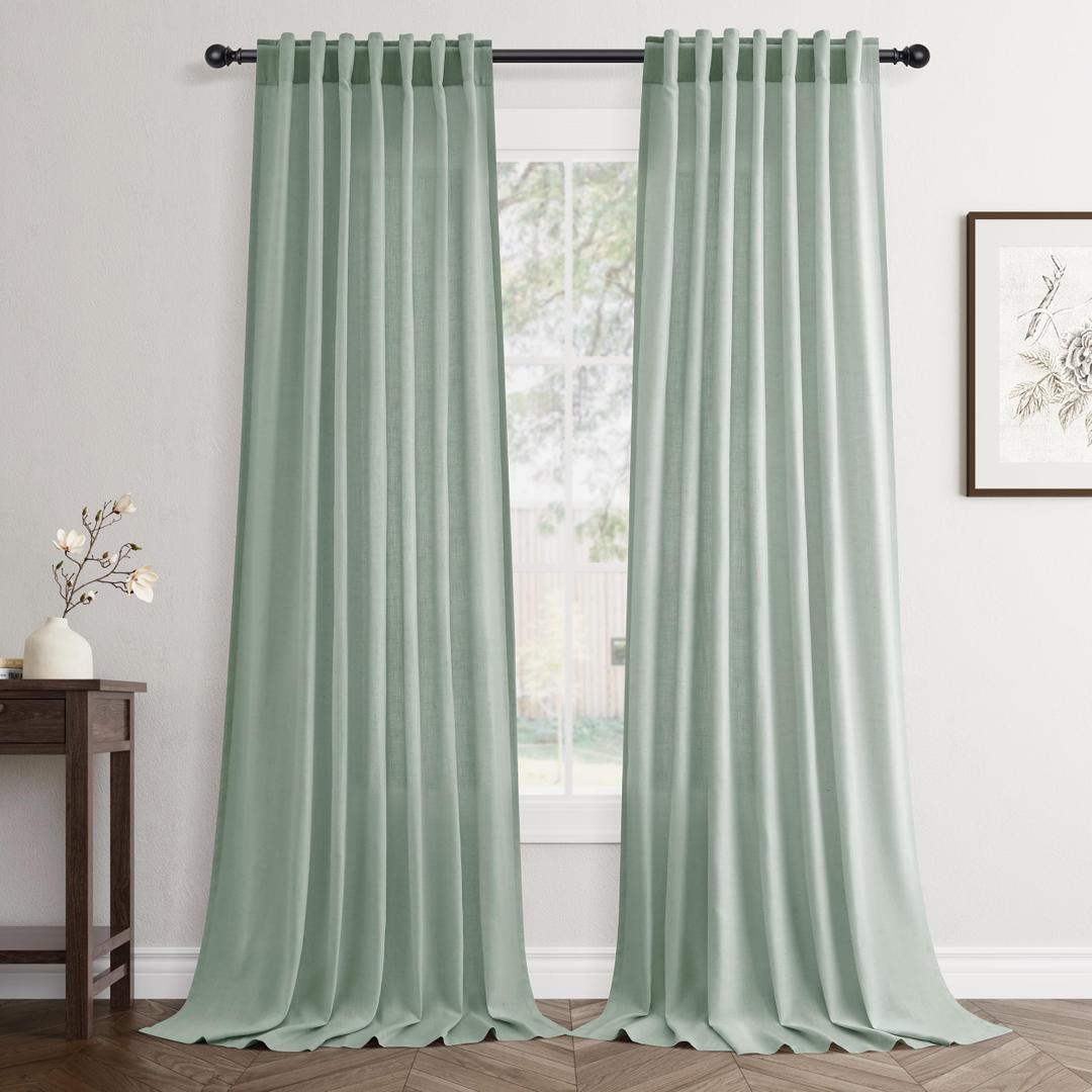 Aqua Green Linen Back Tab Curtains 84 Inch Length for Living Room 2 Panel Pocket Drape Light Filtering Semi Sheer Cream Country Rustic Farmhouse Boho Curtain Bedroom Pinch Pleated Look
