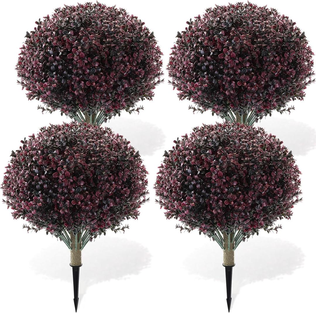 Yunlly 4 Pack 18" Artificial Boxwood Ball Bush Topiary Trees Fake Outdoor Plants, Realistic UV Resistance Faux Shrubs with Spike Greenery Topiary for Front Porch Garden Yard Patio Indoor (Dark Purple)