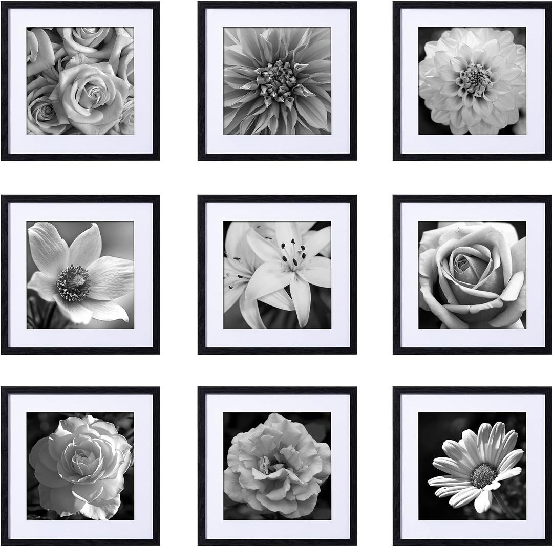 Eletecpro Picture Frames Set of 9, 16x16 in, Acrylic Cover, Black | Display Photo 12x12 with Mat or 16x16 without, Square Gallery Collage, Wall Mount, Minimalist Home Decor, Engineered Wood