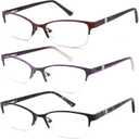 3 Pack Reading Glasses for Women Blue Light Blocking, Metal Oval Half Frame Womens Readers Glass with Spring Hinge, Anti Blue Ray Reduce Eye Strain Glare Headache(200 Magnification Strength) (Black Red Purple)