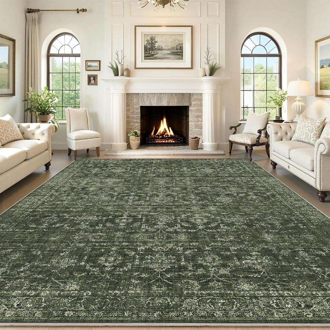 Washable Area Rug 8x10 Green Rugs for Living Room, Vintage Boho Large Rug for Bedroom Dining Room Office, Distressed Floral Print Carpet for Under Table, Soft Non Slip Low Pile Throw Carpet Indoor Mat