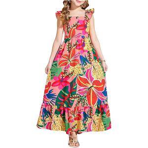 Girl's Floral Maxi Dress Ruffle Tropical Print Trim Shirred Dresses Vacation Beach Flowy Maxi Tank Dress XL 