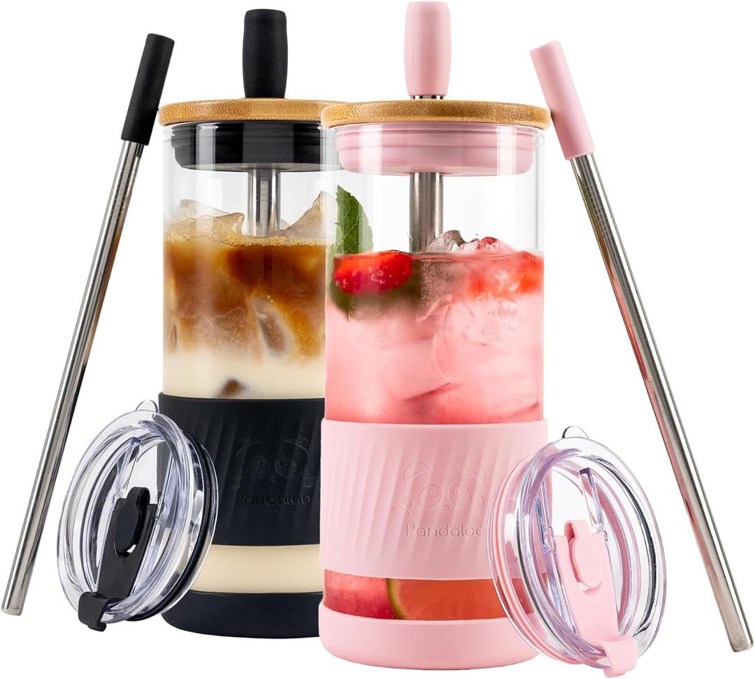 Pandaloo Glass Cups With Lids and Straws -20 Fl Oz- Perfect Size Iced Coffee Cup - Smoothie Cup With Bamboo Lid and On the go Lid - Glass Tumbler (2 Count (Pack of 1), Black Saphir-Tender Pink)