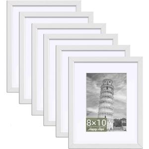 HappyHapi 8x10 Picture Frame Set of 6, 8x10 White Picture Frame Display Pictures 5x7 with Mat or 8x10 Without Mat. Wall Hanging Photo Frame or Tabletop Display Gallery Frame (White)