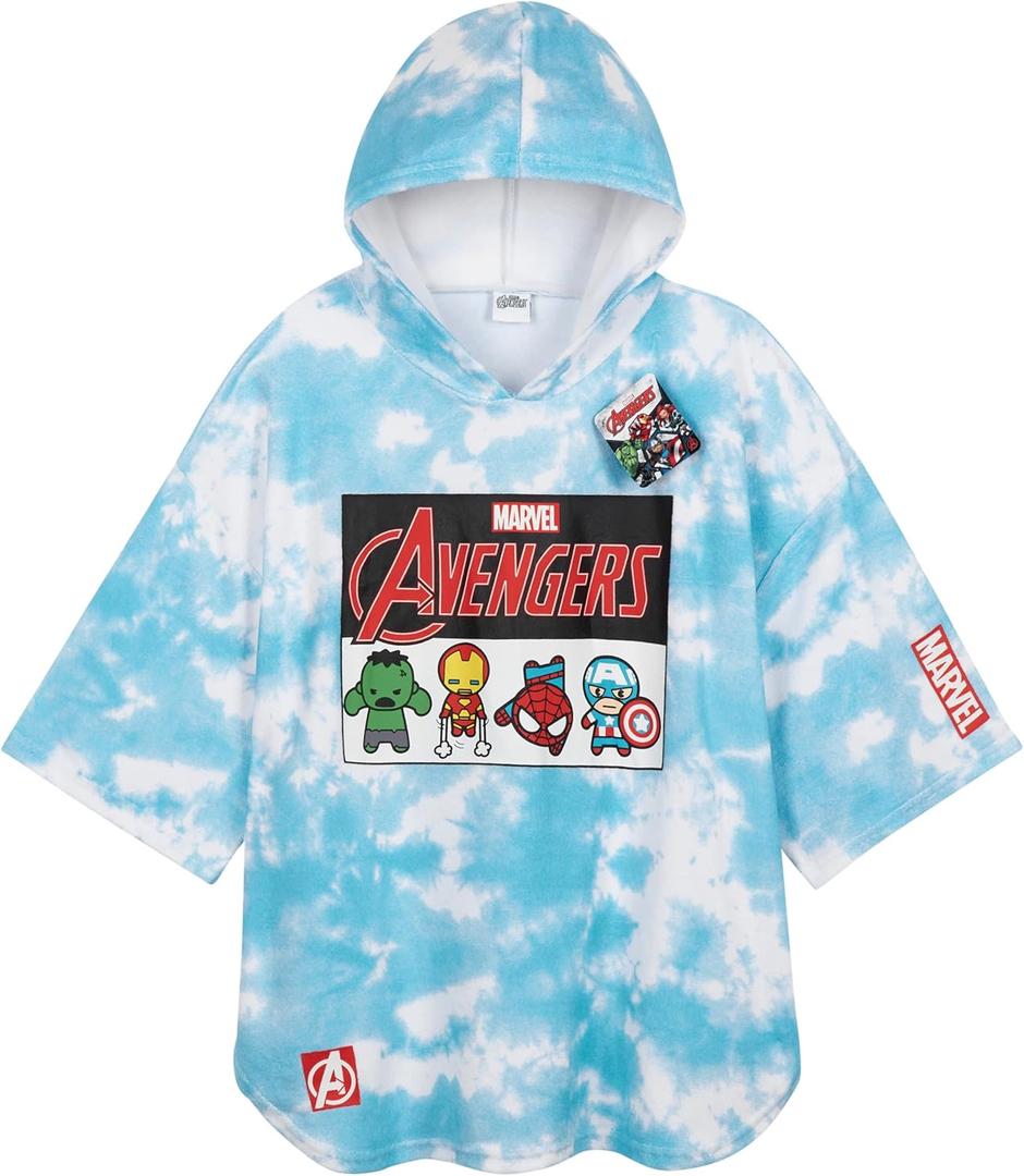Marvel Spiderman Kids Changing Robe, Hooded Towel Poncho Boys Girls, Avengers Wearable Towel for Swim Surf, Gifts for Kids (Blue Avengers, 10-13 Years)