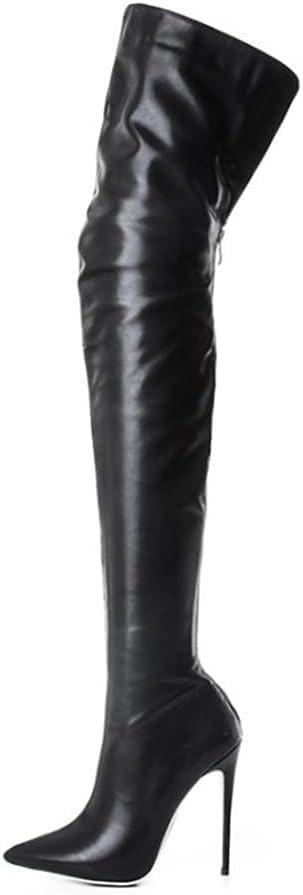 YING LAN Over the Knee High Boots for Women Sexy Zipper Pointed Toe High Heel Faux Leather Surgical Stretch Riding Thigh High Boots Black, Size: 7.5