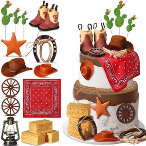 Cowboy Birthday Party Decorations Cowboy Cake Toppers Hat and Boot Western Cake Decoration Toppers Horseshoe Wheel Scarf Cupcake Picks for Western Theme Baby Shower Party Favor Supplies