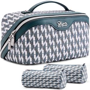 BOYATU Travel Makeup Bags for Women: Large Capacity Cosmetic Bag Set of 3 - Vegan Leather Make up Bags with Compartments - Wide Open Waterproof Toiletry Organizer Bag with Handle (P-01-Royal blue)