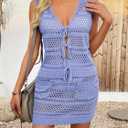 Saodimallsu Womens Crochet Swim Cover Up 2 Piece V Neck Sleeveless Front Tie Crop Tops Beach Mini Skirt Coverup Set