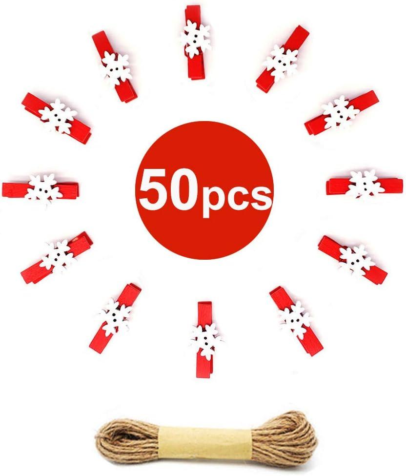 50PCS Christmas Wooden Clothespins, Mini Snowflake Photo Clips, Mini Wooden Pegs with 10 Meters Jute Twine for Hanging Christmas Cards Photo Paper Crafts
