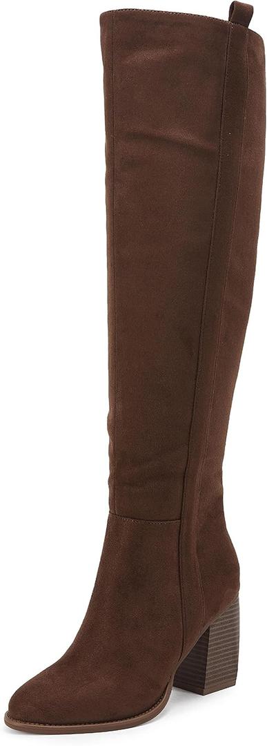 SERAIH Womens Over The Knee Thigh High Boots Faux Suede Pointed Toe Side Zipper Chunky Block Heel Stretch Boots (8.5, Coffee)