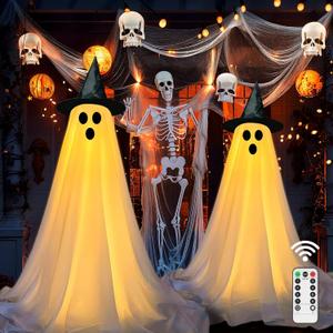 2 Pack Halloween Ghost Decorations Outdoor with Remote, Light Up Ghosts Kit with Reinforced Stand, Large Scary Ghost DIY Kit with String Lights for Yard, Lawn, Garden, Front Porch
