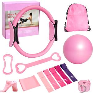 Home Pilates Essentials Kit for Women, with 5 Resistance Bands - Magic Circle Pilates Kit for Home Toning, Includes Yoga Ball, Stretch Strap & Gym Bag (13-Piece Complete Starter Set) (Pink)
