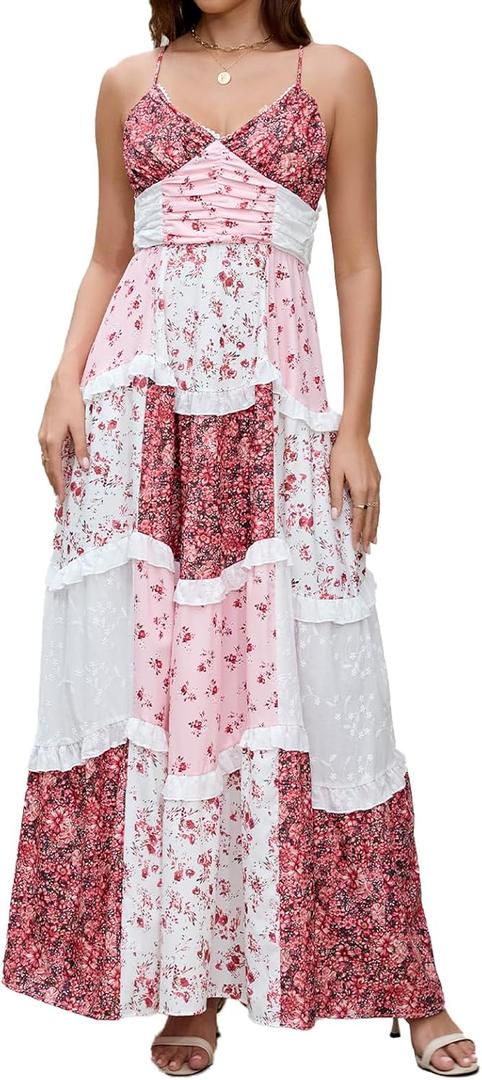 ABYOVRT Women Floral Maxi Dress Spaghetti Straps V Neck Patchwork Flowy Boho Sundress Tiered Long Dresses, Medium