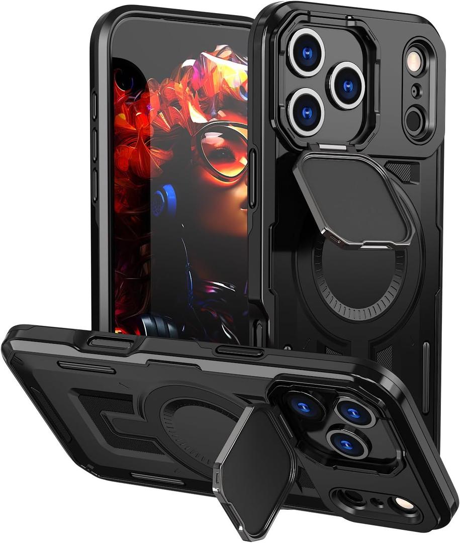 Designed for iPhone 17 Pro Max Case, Full Camera Protection, Built-in Invisible Kickstand, Heavy Duty Rugged Case with Dual-Layer Shockproof, Wireless Charging Compatible (Black)