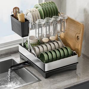 Dish Drying Rack, Stainless Steel Folding Kitchen Rack with Rotatable Spout, Drainboard, Fingerprint-Resistant Dish Drainers for Kitchen Counter
