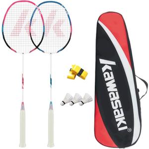 Kawasaki Badminton Rackets, Professional Graphite Shaft Badminton Set of 2 for Backyard, with 2 Lightweight Carbon Badminton Racquets/3 Badminton Shuttlecocks/2 Racquet Overgrips/1 Carry Bag (White)