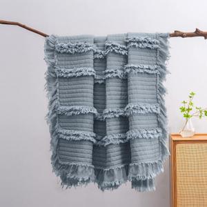 Ultra Soft Pre-Washed Quilted Throw Blanket, Ruffle Fringed Dark Blue Decorative Throw, Stone Washed Chic Rustic Blanket for Sofa Couch Bed Chair, 50"x 60"