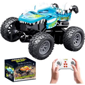 MOONTOY Dinosaur Remote Control Car, Mini Remote Control Truck with 360 Spins, 2.4GHz Rc Car with Lights and Rechargeable Batteries, Metal Body Monster Truck Toys for Kids and Adults(Blue) (Small)
