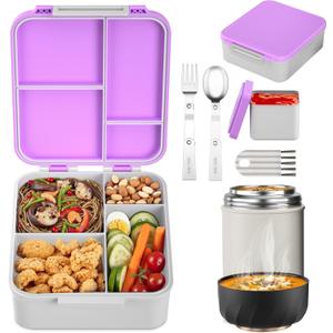 Bento Lunch Box Set with 17oz Soup Thermo, Lunch Box for Kids with Folding Fork & Spoon, Leakproof Lunch Food Containers with 4 Compartment for School, Office, Travel and Park Pinic (Pink)