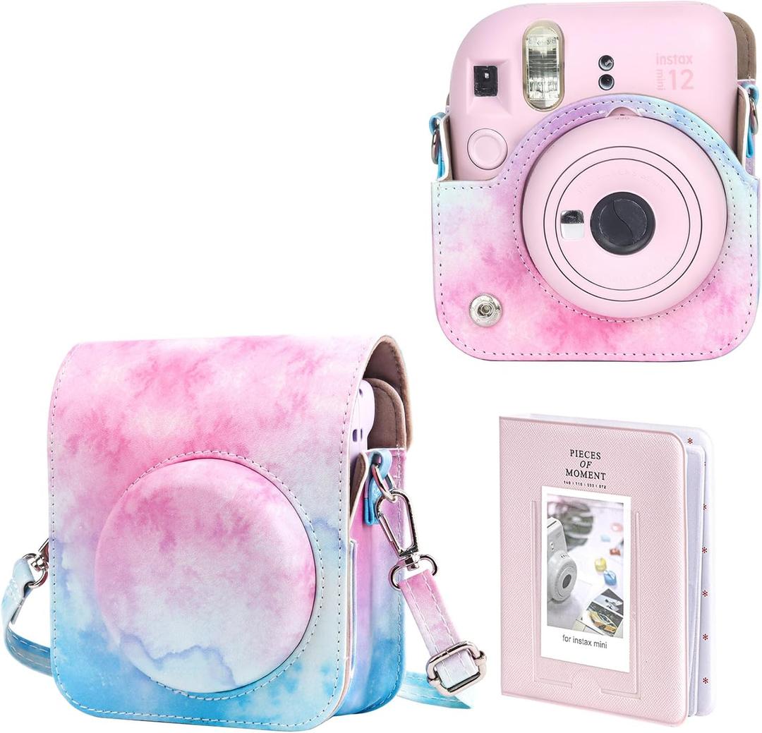 WOGOZAN Protective Case for Fujifilm Instax Mini 12 Instant Camera - With Light-sensitive Holes, Lower Right Lens Fit, Specially Designed for Mini 12 Camera (Blue Pink Watercolor)