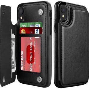 LETO for iPhone XR Case,Leather Wallet Case Flip Folio Cover with Kickstand Card Slots for Girls Women,Protective Phone Shell Black