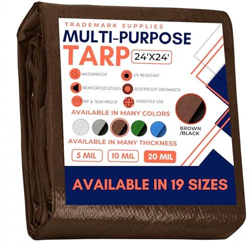 Tarp Cover Brown/Black Heavy Duty 20 Mill Thick Material, Waterproof, 24'X'24,Great for Tarpaulin Canopy Tent, Boat, RV Or Pool Cover (Poly Tarp 24X24, Ultra Thick)