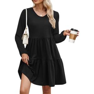 Wkior Womens Long Sleeve Dress 2025 Fall Casual V Neck High Waist A-Line Tiered Flowy Swing Babydoll Mini Short Dresses (XX-Large, Black)