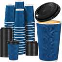 Lamosi 16 OZ Disposable Coffee Cups with Lids 50 Pack, Paper Insulated Corrugated Ripple Wall Cup for Hot Beverages (Blue)