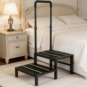 2 Step Stool with Handle, Heavy Duty Step Stool for Elderly and Adults, Adjustable Handrail with Non-Slip Platform, Bedside Steps for High Beds, Kitchen and Bathroom