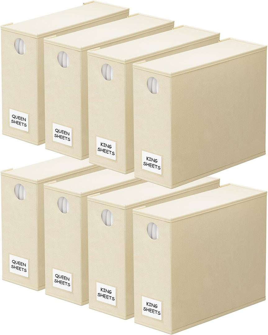 SpaceAid 8 Pack Bed Sheet Organizers and Storage, Foldable Sheet Organizer for Linen Closet, Sheets Set Folder Keeper with Window XL (Queen & King Size) Bedding Container (Beige, 8 Pack), Each Storage Organizer SIZE: 5"W x 15"D x 12.8"H