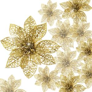 Boao Gold 24 Pieces Poinsettia Flower Christmas Glitter Artificial Poinsettia with Clips Christmas Tree Ornament Decorations for DIY Xmas Wreath Holiday Home Party Decor, 3/4/6 Inches