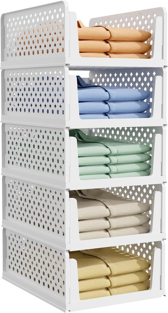 Kitsure 5-Pack Closet Organizers & Storage - Stackable Foldable Plastic Storage Drawers & Shelves,Space-Saving Multi-Purpose Closet Storage Containers for Wardrobe, Bedroom or Laundry Room (16.7" x 12.9" x 6.6")
