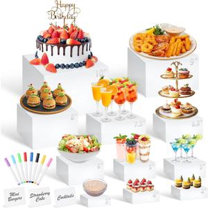 11 Pcs Buffet Risers and Stands with Mini Table Sign and Makers, Food Risers for Buffet Table Display Stand for Party Catering Dessert Jewelry Collectible (10" 9" 8" 7.5" 6.8" 6" 5" 5" 4" 4" 3")