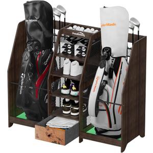 Golf Bag Storage Organizer for Garage, Premium Wooden 2 Golf Bags Rack with Drawer, Easy Assemble Golf Club Stand/Holder Suitable for Garage Home Simulator and Office (Black)