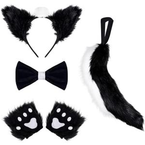 JieyueJewelry 4 Pieces Faux Fur Skunk Ears and Tail Set, Fox Wolf Cat Cosplay Costume set Animal Tail Fancy Women's Costume Skunk Ears Tail Bow Tie and Claw Gloves for Halloween Cosplay Adult