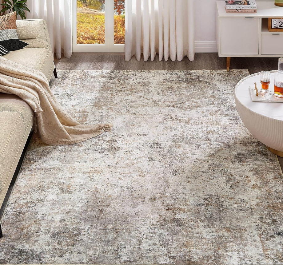 UERMEI 8x10 Area Rug Living Room Rugs - Washable Neutral Modern Abstract Soft Thin Large Rug Indoor Floor No Slip Rug Carpet for Bedroom Under Dining Table Home Office Decor - Brown Grey