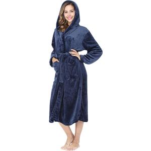 RONGTAI Womens Robes Plush Fleece Hooded Bathrobe Thick Nightgown with Pockets Fluffy Sleepwear (Small, Navy Blue)