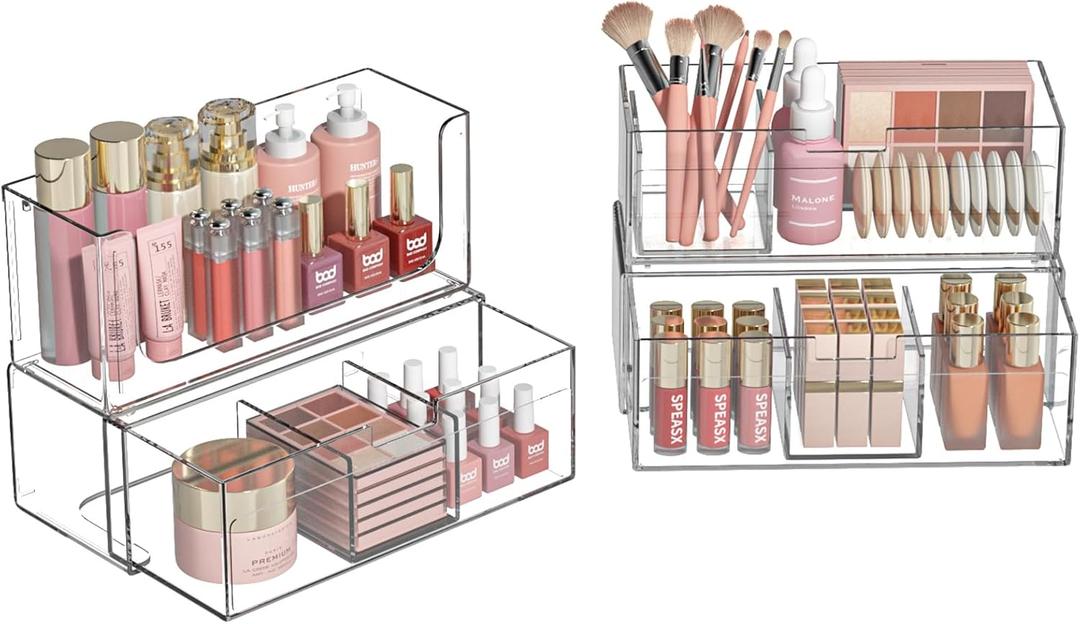 Bathroom Drawer Organizer Stackable Storage Drawers Clear Plastic Storage Bins Medicine Cabinet Organizer Makeup Organizers w Removable Divider Home Workspace Office Desktop Vanity Gift Idea (Pack of 3)