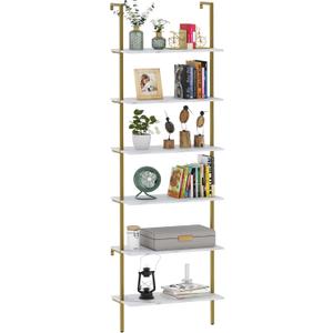 Ladder Shelf 6 Tiers Marble White Modern Bookshelf Open Tall Wall Mount Bookcase Standing Leaning Wall Shelves Industrial Decorative Living Room Bed Room, 1 PC 23.6IN