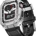 SUPLINK Silicone Band with Stainless Steel Case Compatible with 45mm Apple Watch Bands for Men, Metal Rugged Protective Bumper for iWatch Apple Watch Series 9 8 7 Band, Silver