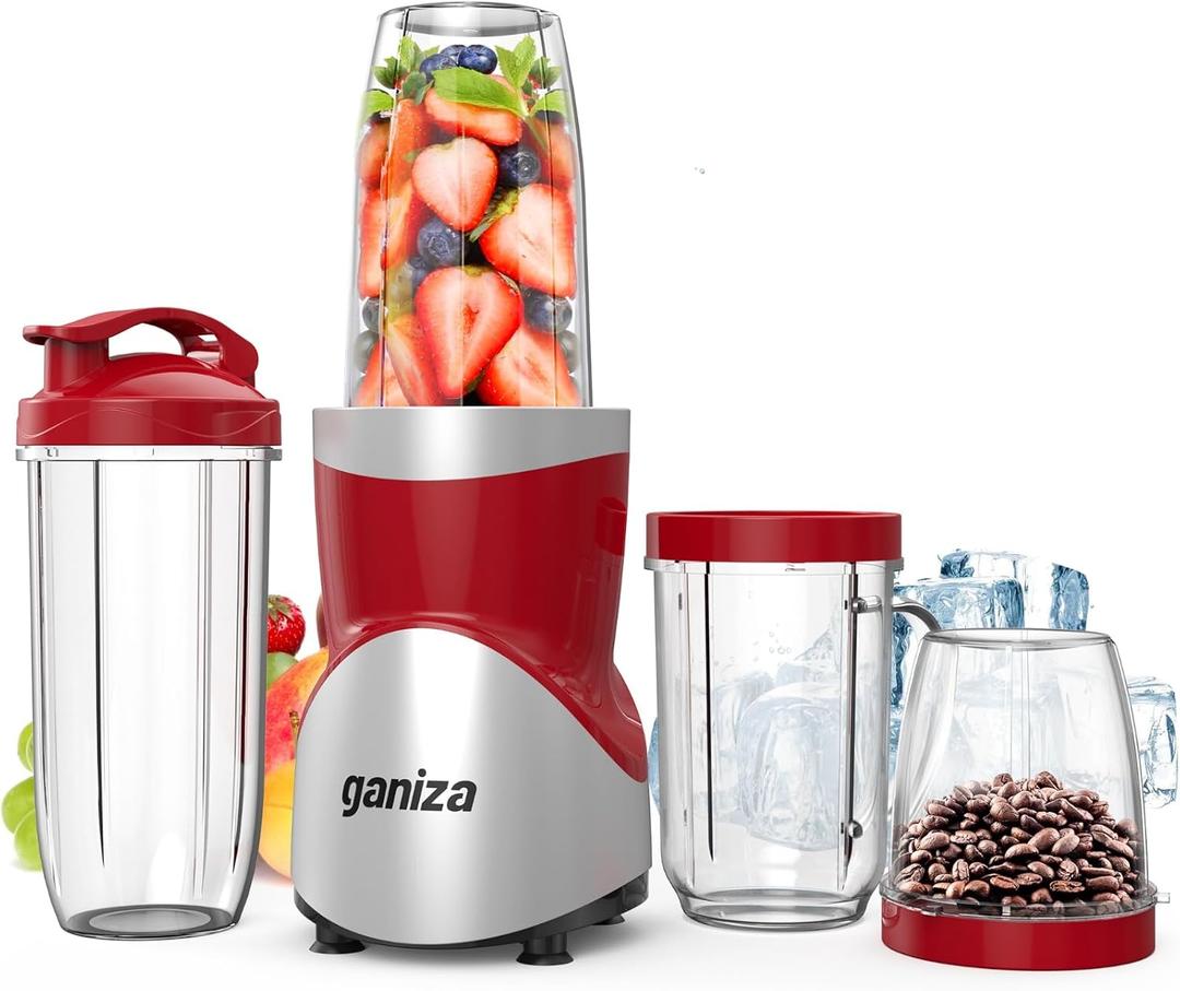 Ganiza 900W Blenders for Shakes and Smoothies, 15-Piece Personal Blender and Grinder Combo for Kitchen, Smoothies Maker with 4 BPA-Free Portable Cup, Nutritious Recipe Red