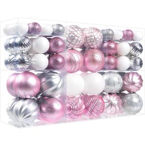 100Pcs Pink Silver Christmas Ball Ornaments Set for Tree, Assorted Shatterproof Christmas Decorations, Hanging Decor for Xmas Tree Holiday/Party/Home (Pink & Silver & White)