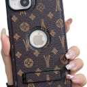 Compatible with iPhone 15 Case Luxury Designer for Women Girls Protective Leather Case with Kickstand Logo View Shockproof Phone Cover for iPhone 15-6.1(Brown)